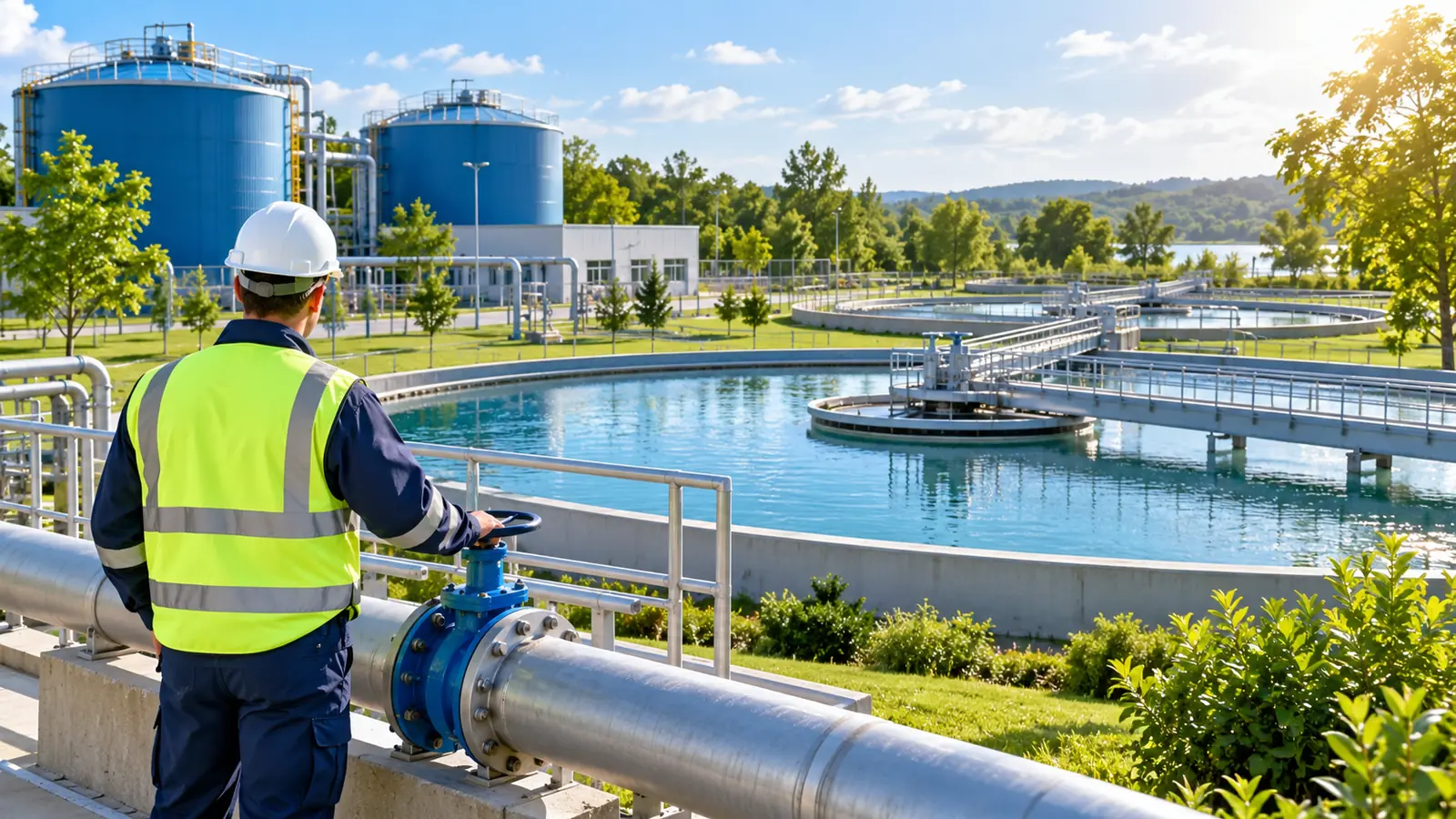 A water treatment facility on a sunny day with blue tanks and an engineer in a hard hat checking pipes