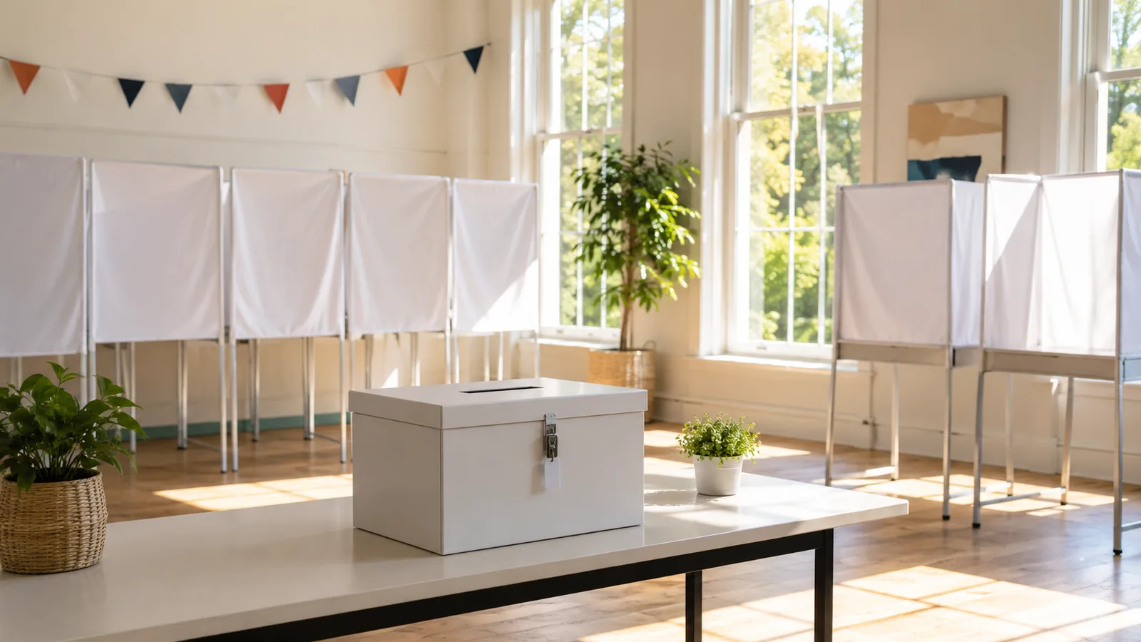 A bright polling station in mid-morning daylight, rows of white voting booths and a sealed ballot box on a wide table