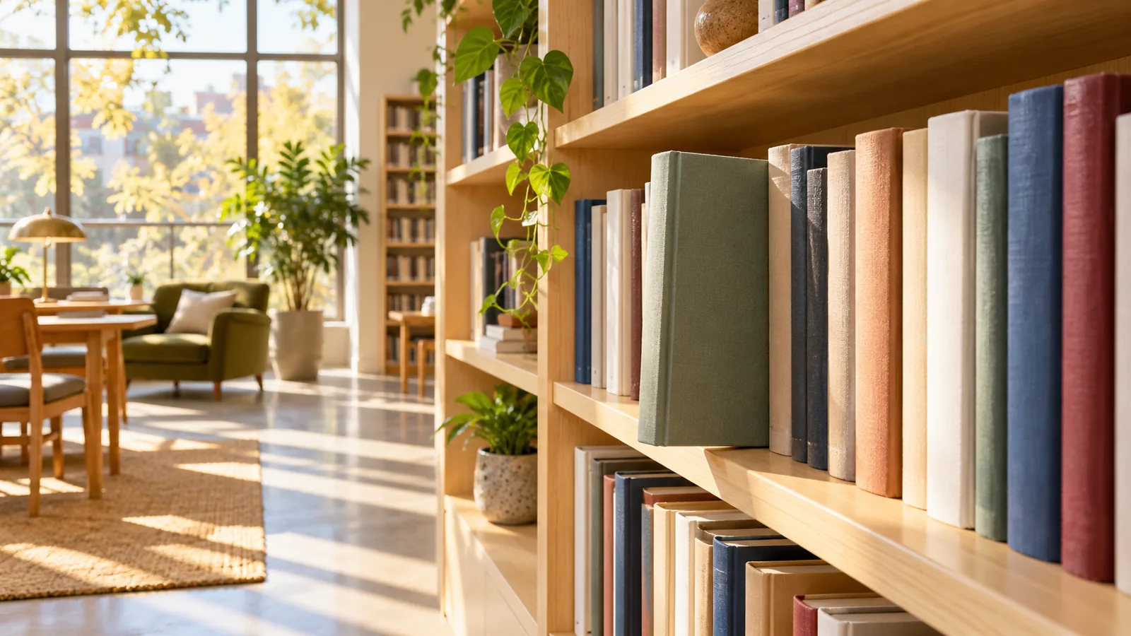 A library shelf in afternoon light with one book pulled halfway out of a neat row