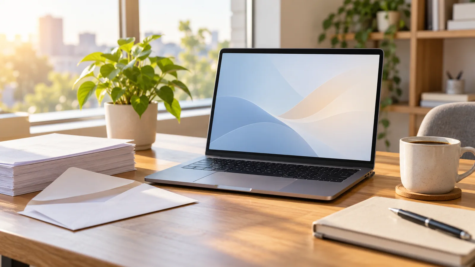 A laptop, a stack of paper forms and envelopes on a sunlit office desk