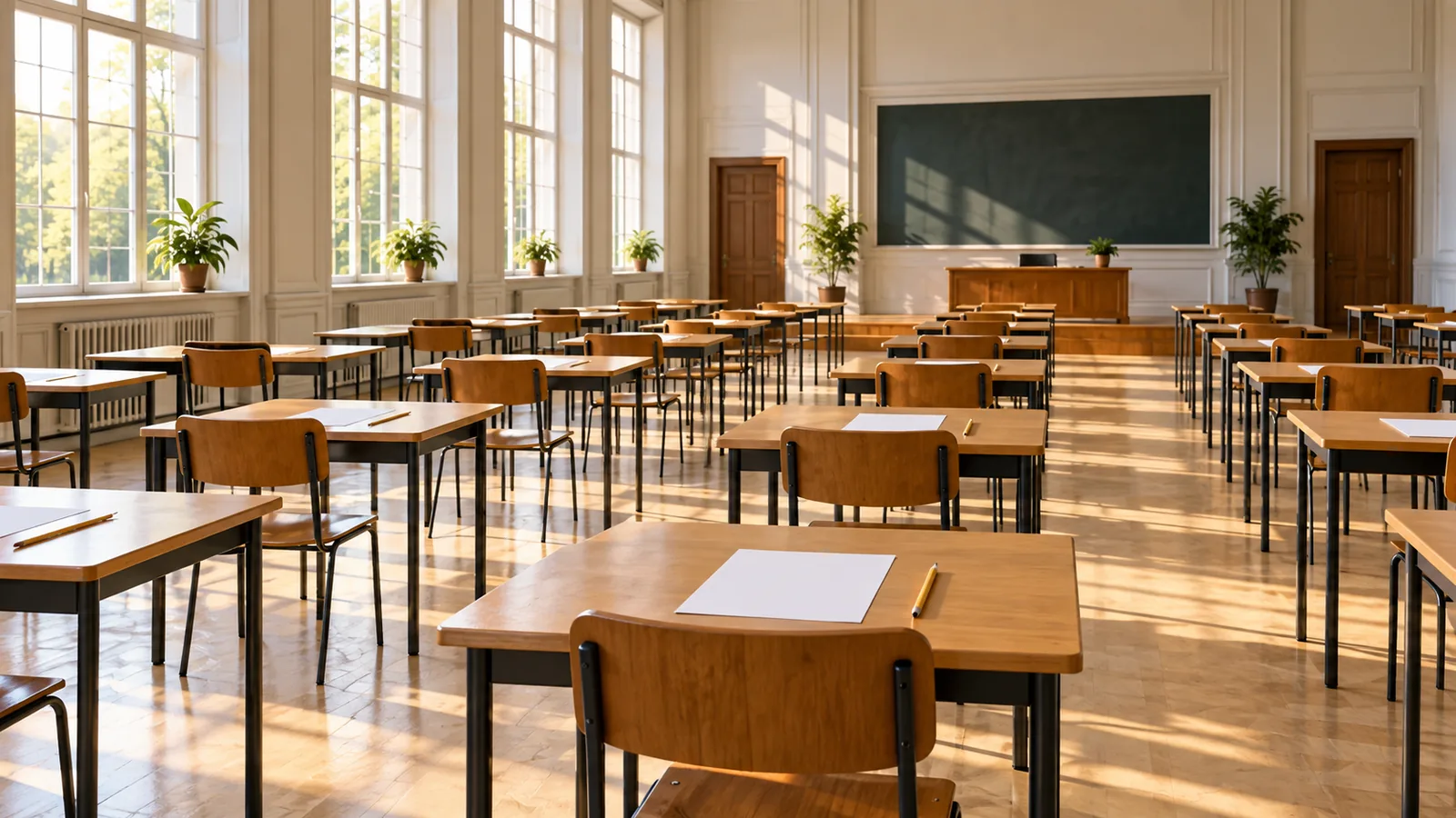 An empty exam hall in daylight with rows of wooden desks, blank sheets and pencils, and tall windows letting in morning light