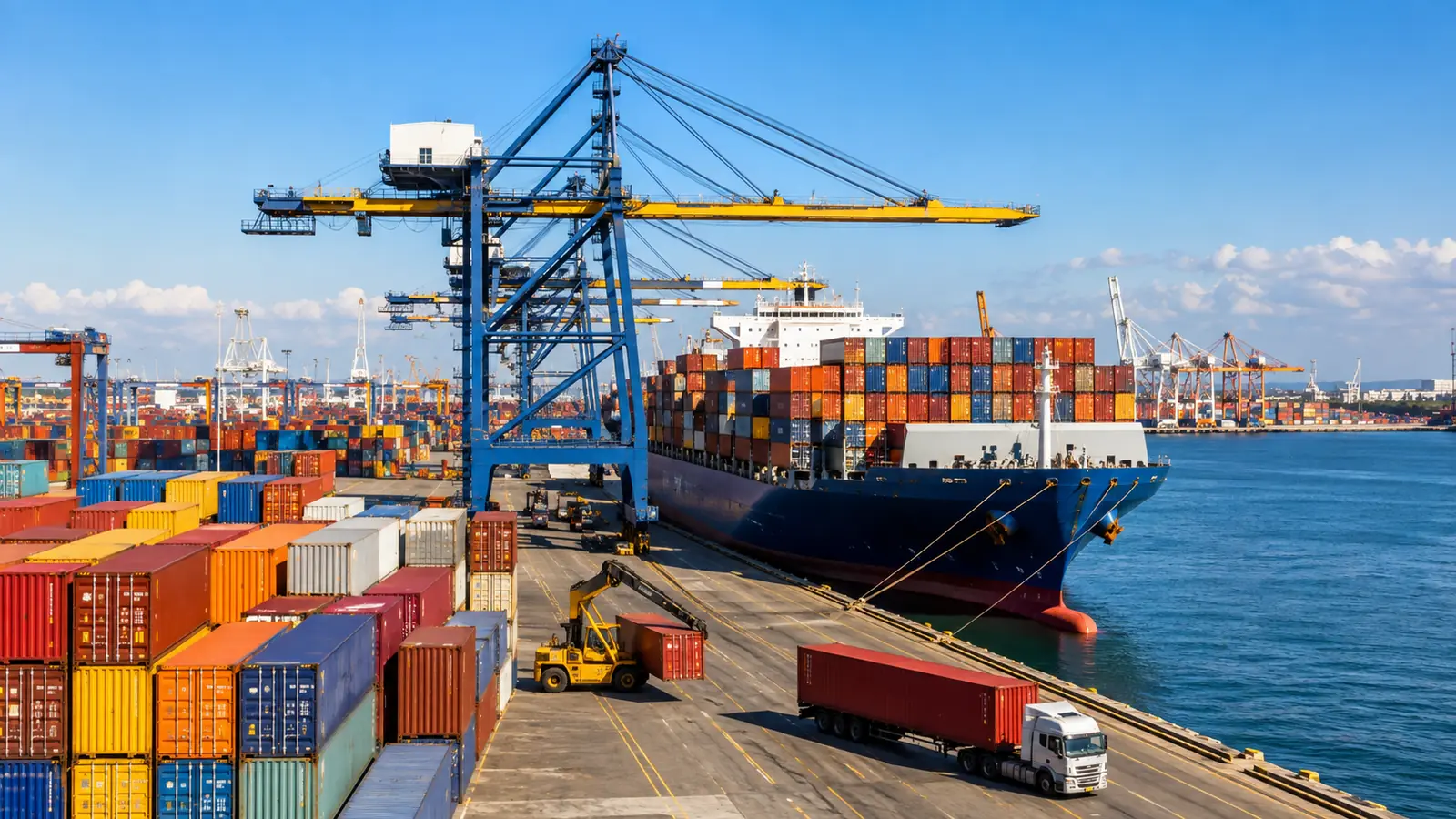 A sunlit container port with stacks of colourful containers, cranes and calm blue water