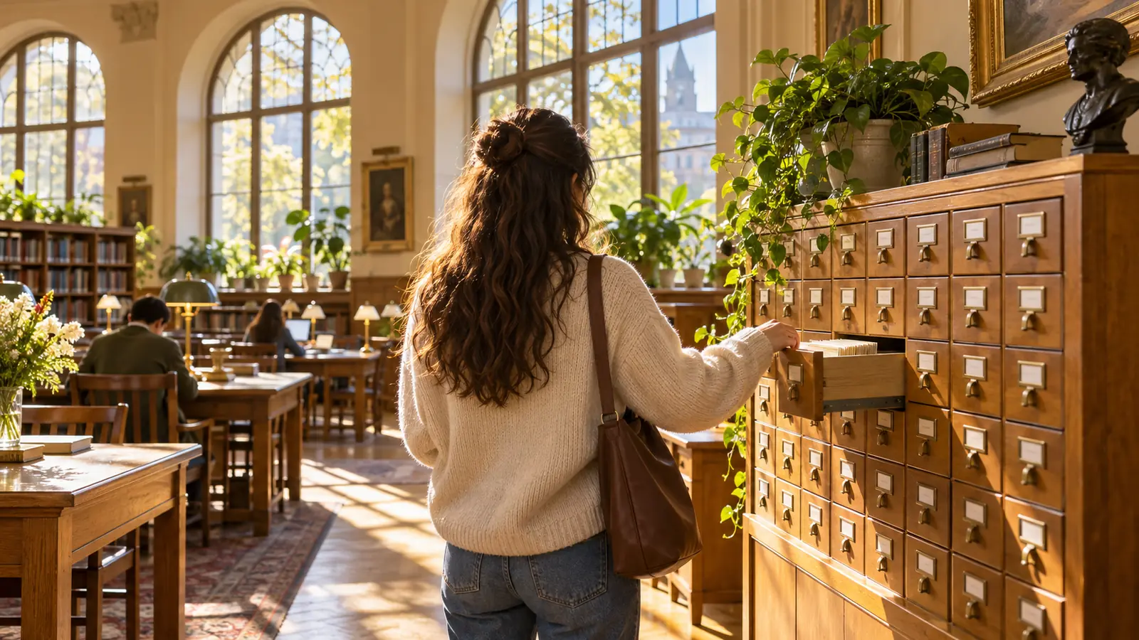 A person seen from behind opening a card catalog drawer in a sunny library