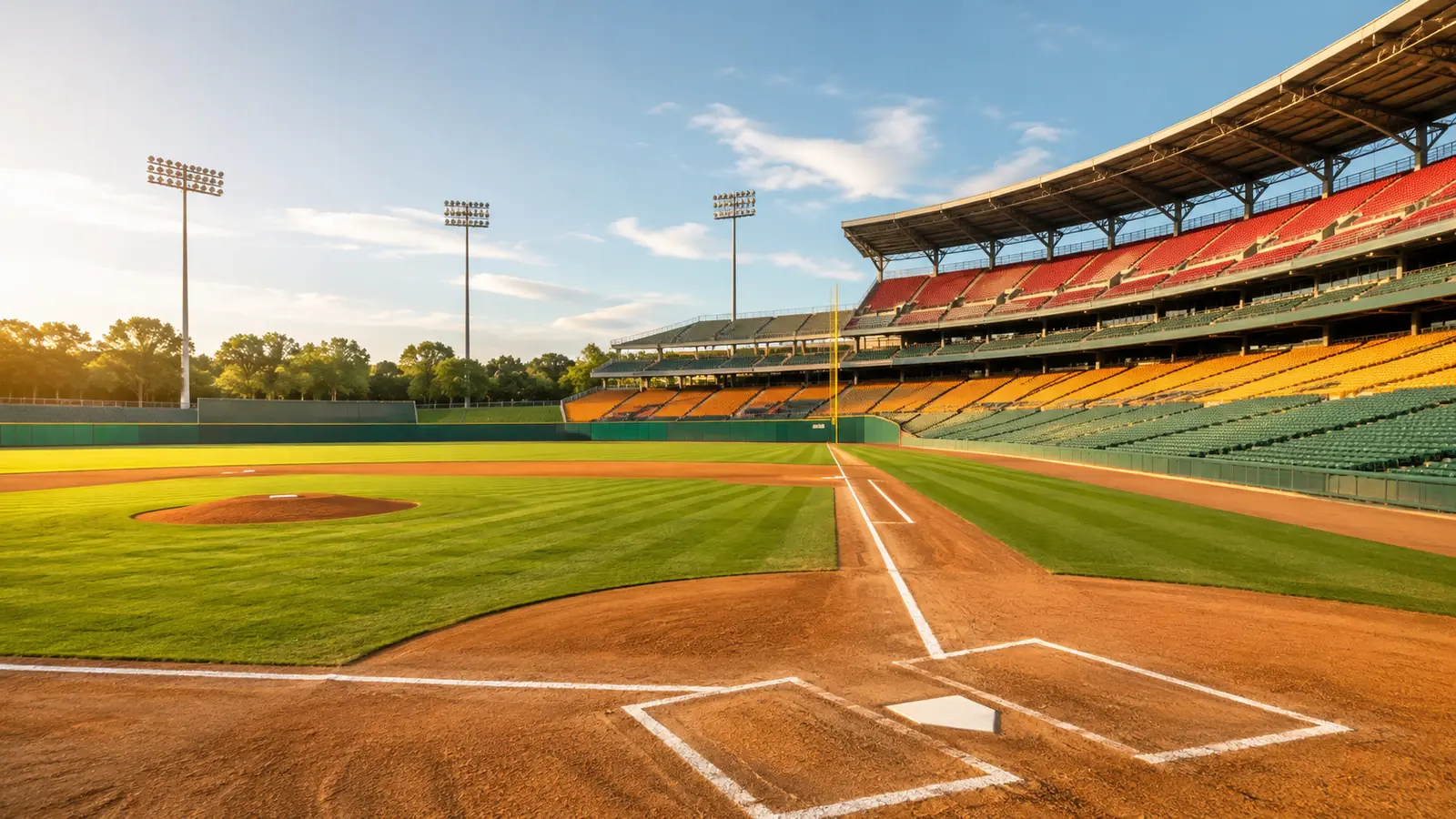 An empty baseball stadium in late-afternoon sunlight with groomed infield dirt and green outfield grass