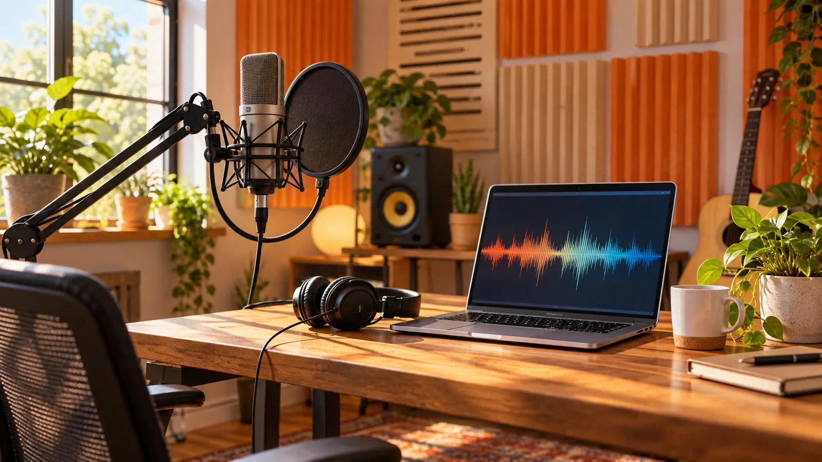A microphone and headphones on a sunlit home studio desk beside a laptop showing a colorful waveform