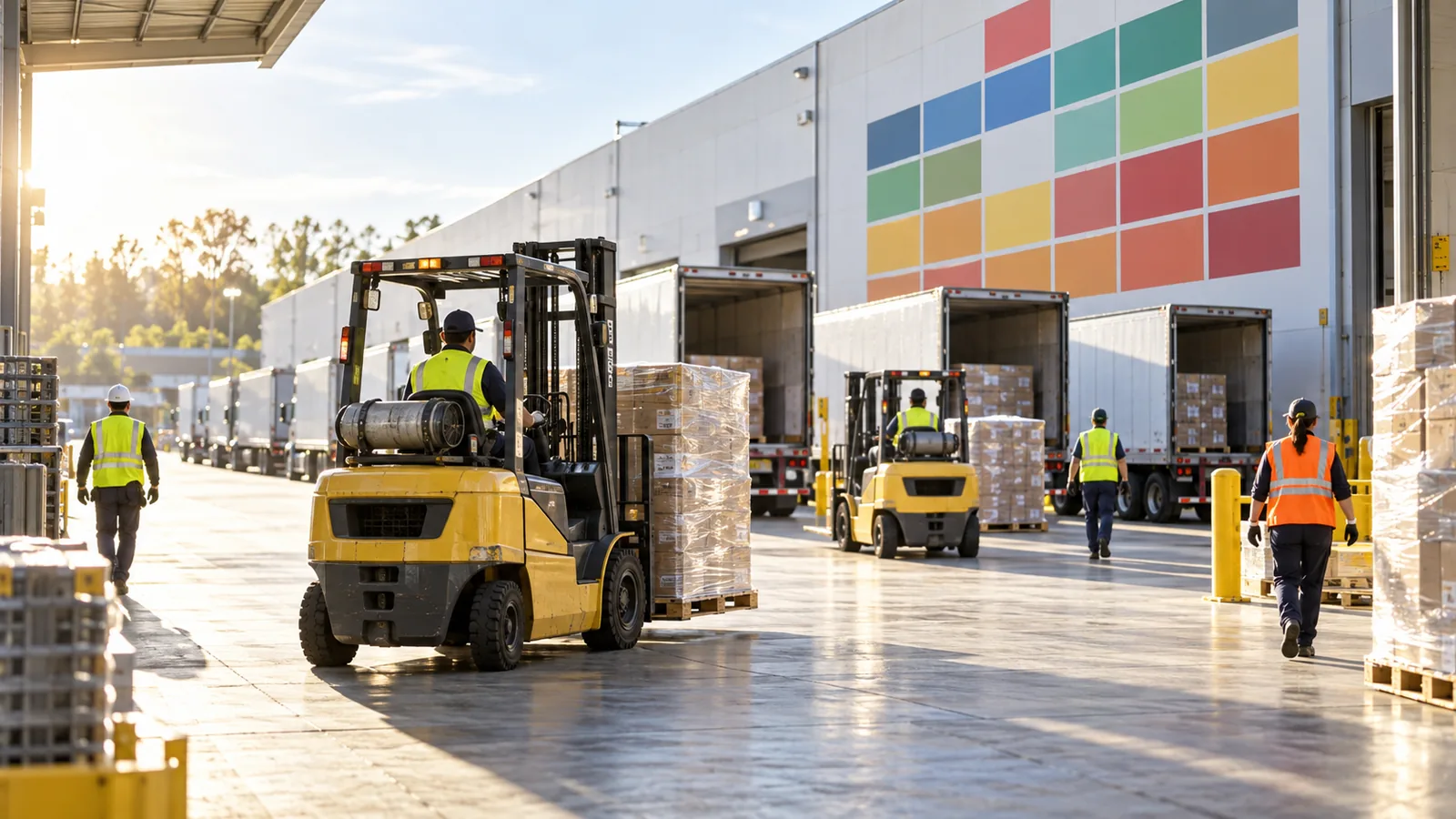 Forklifts moving pallets toward trucks at a factory loading dock in morning sun