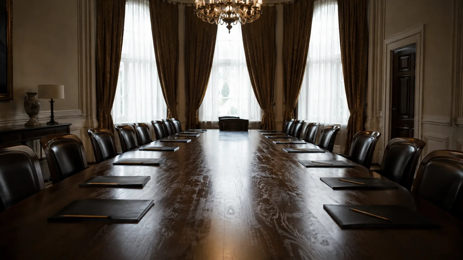 A government meeting table set with closed folders before a session