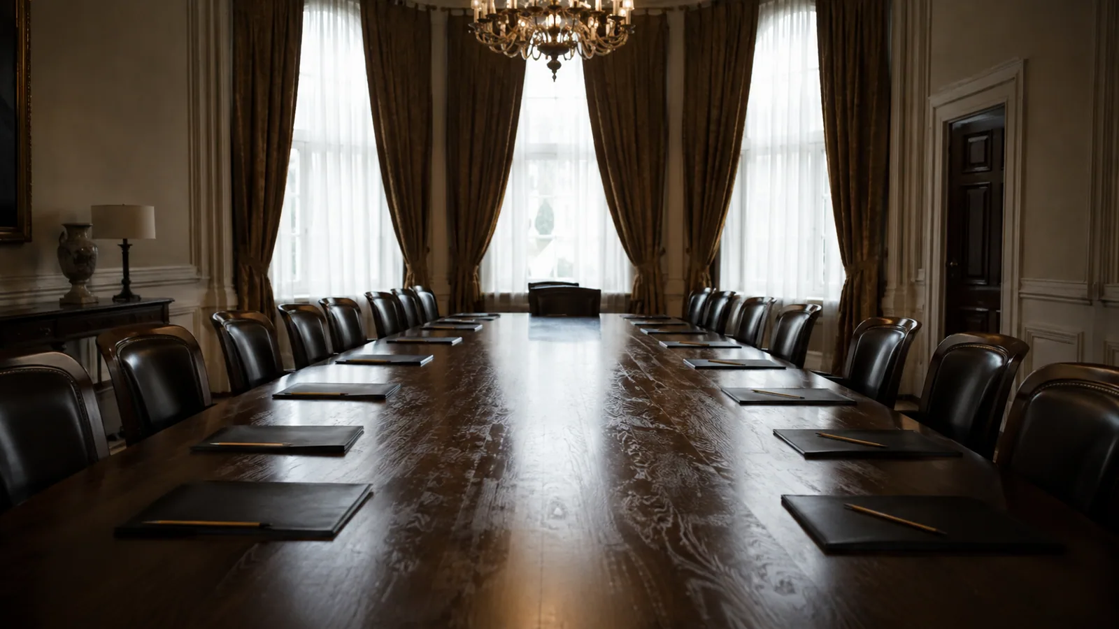 A government meeting table set with closed folders before a session