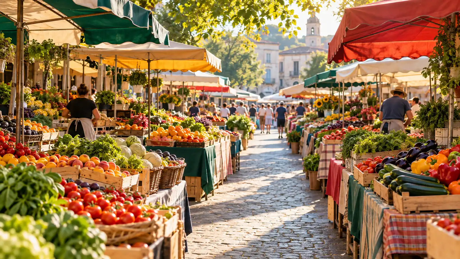 A lively open-air morning market with rows of colorful awnings in sunlight