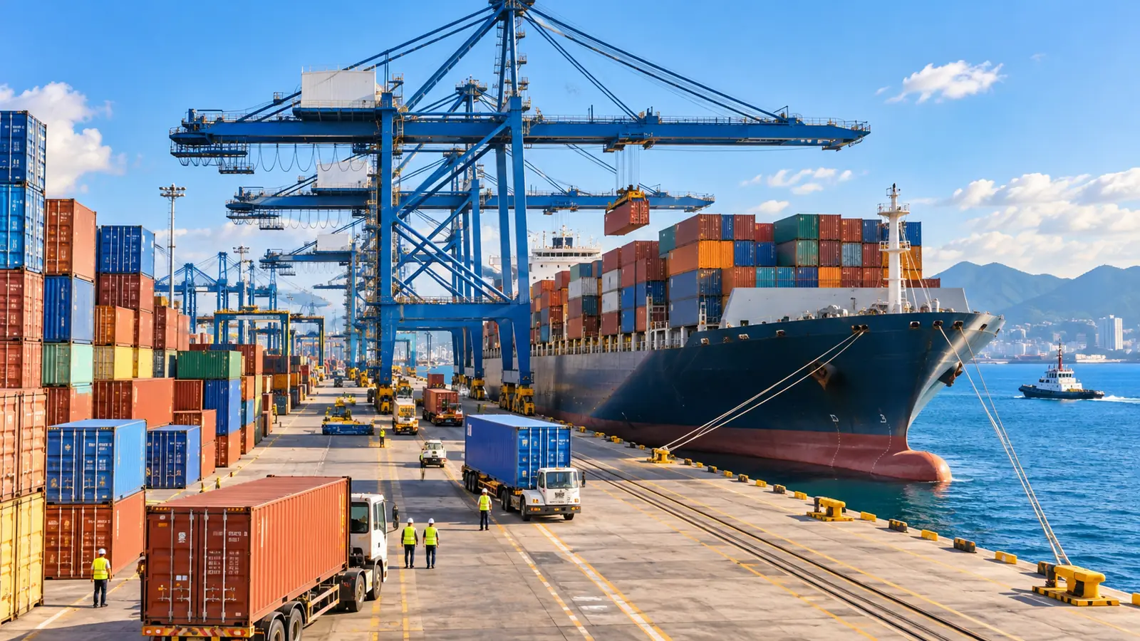 Gantry cranes loading a cargo ship at a sunny container port