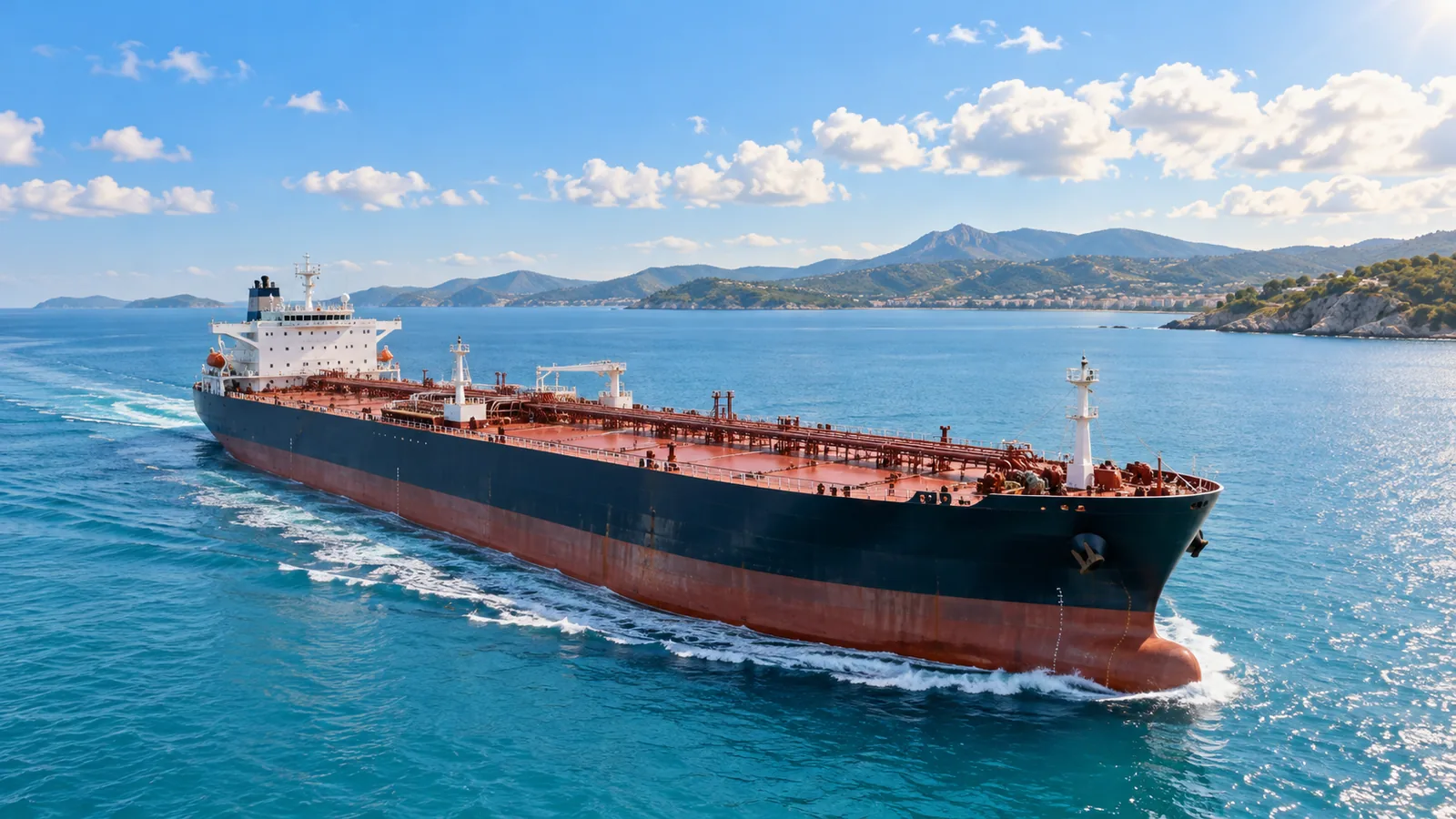 A large oil tanker sailing on a calm turquoise sea under a clear sky