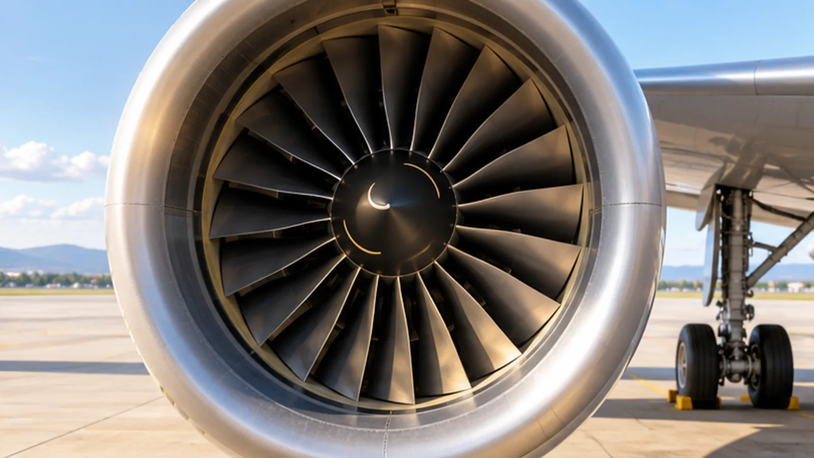 Close view of a jet engine fan in morning sunlight, metal blades catching the light against a bright blurred apron