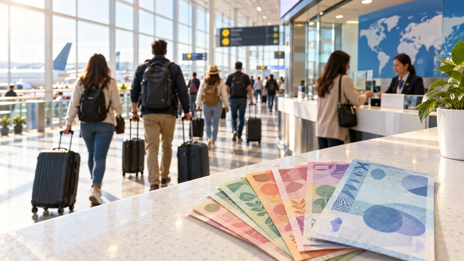 Travelers seen from behind passing a currency exchange counter in a sunny airport hall
