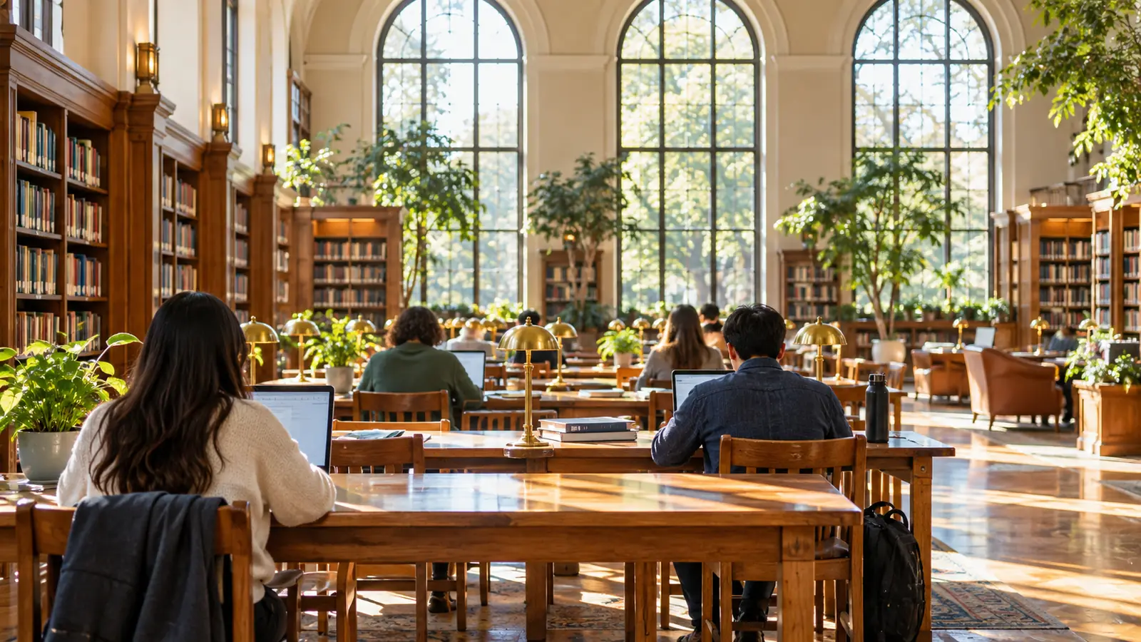 Volunteers seen from behind working on laptops in a sunlit public library reading room