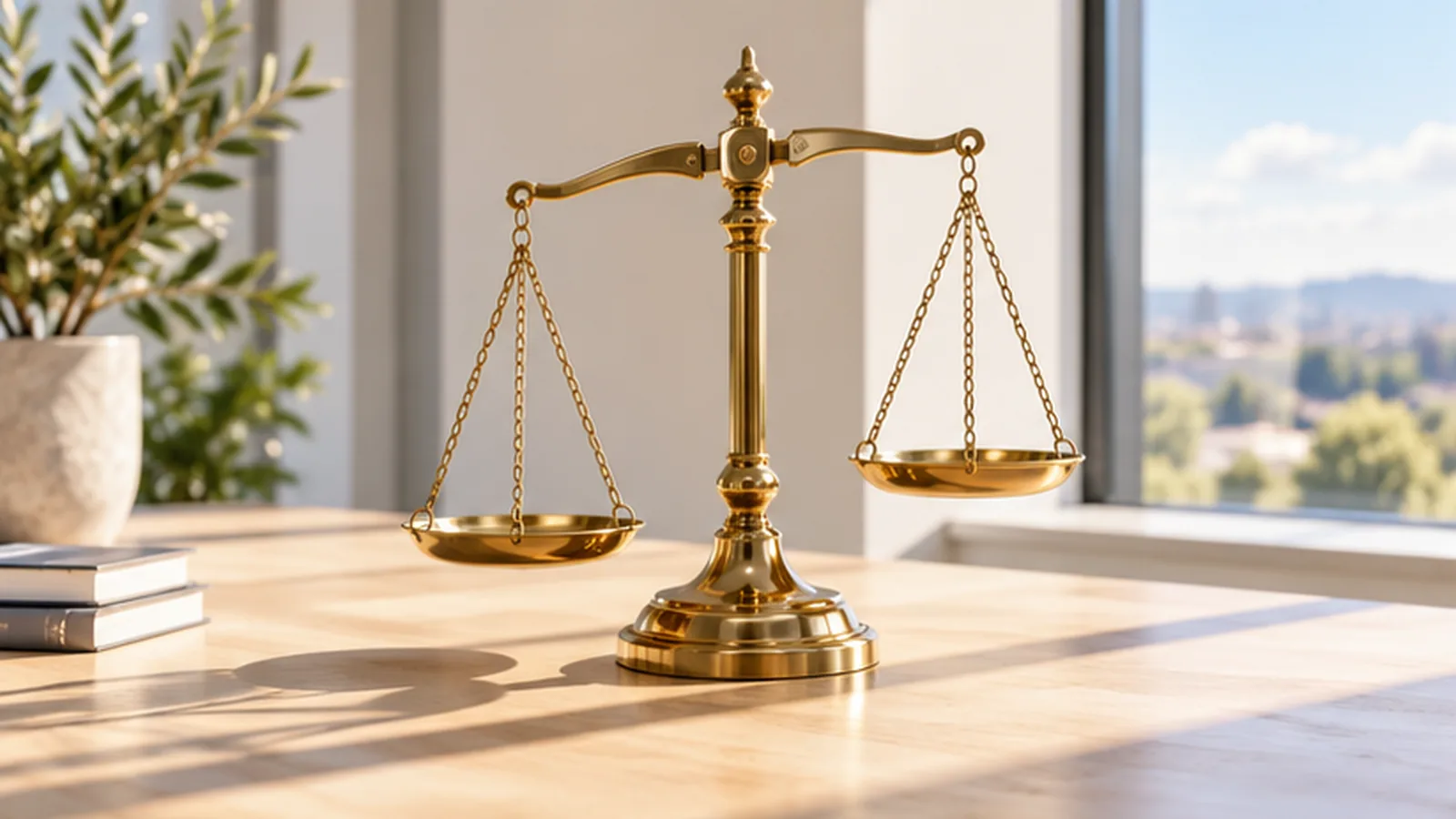 A polished brass balance scale on a sunlit pale wood desk, its two empty pans hanging at slightly different heights