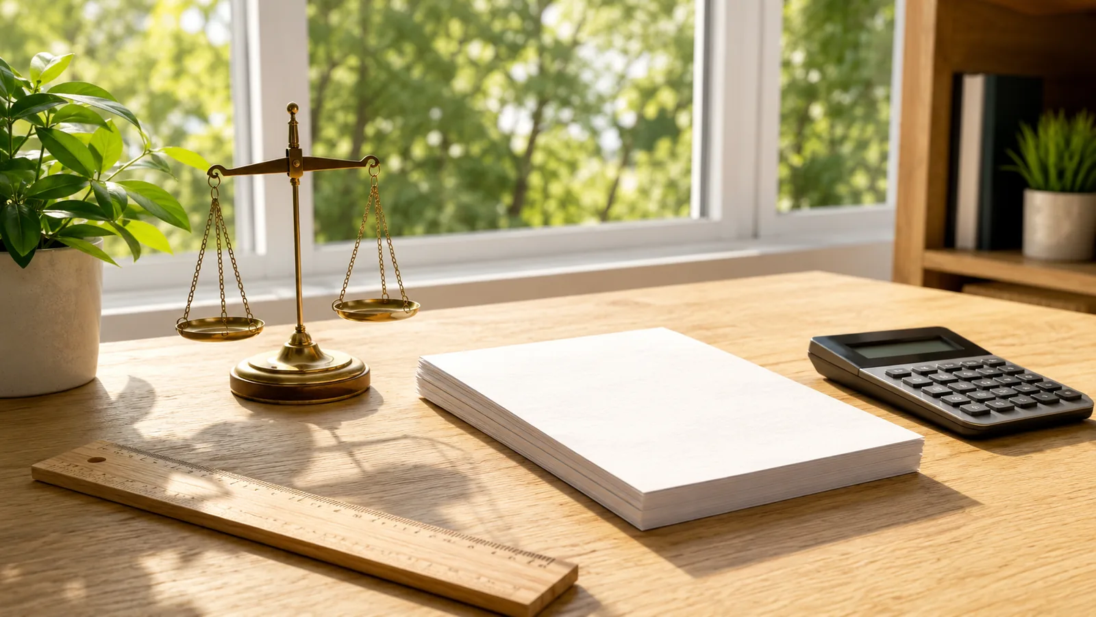 A sunlit desk with a ruler, a small balance scale and a calculator