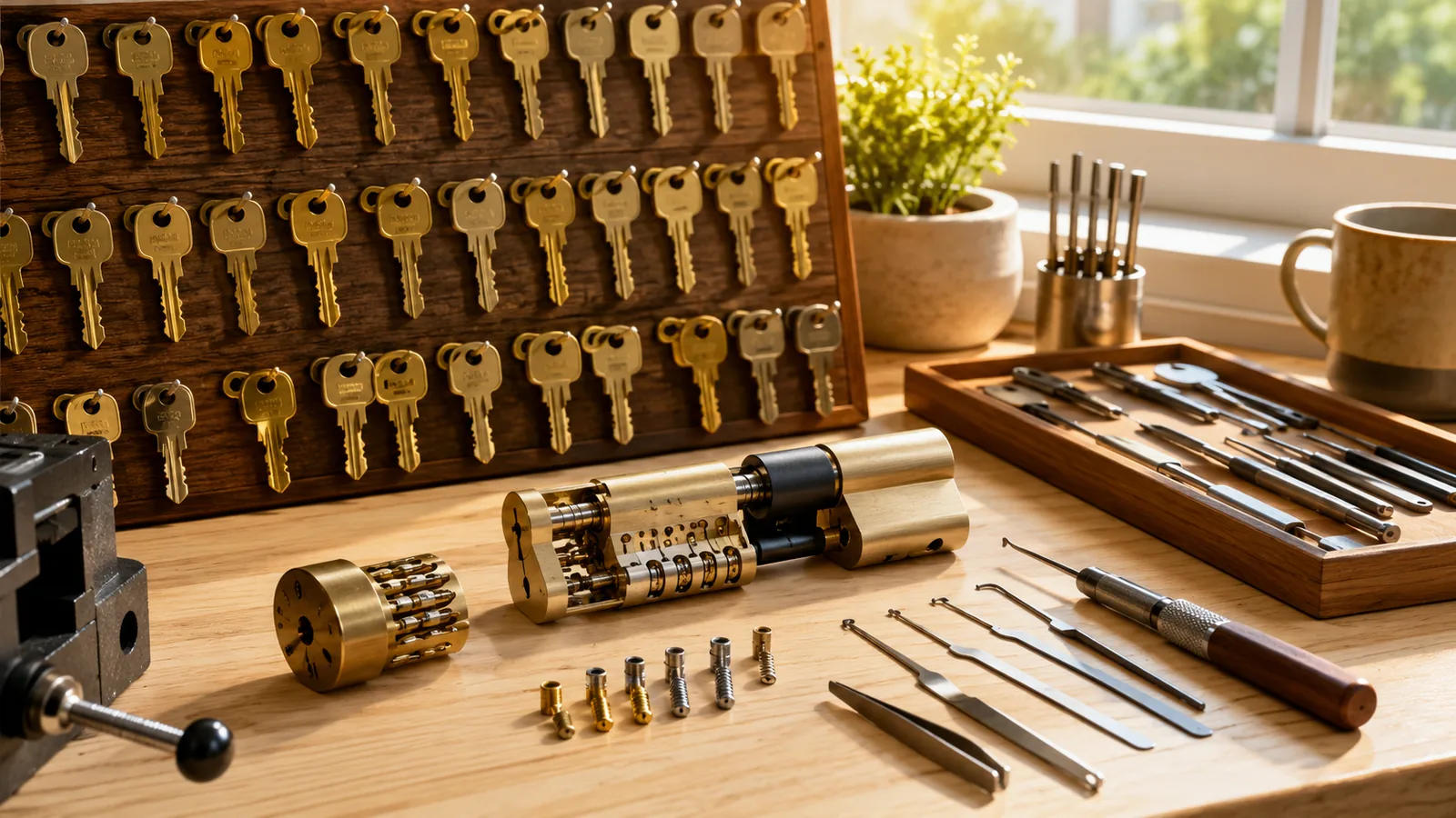 A locksmith's bench in morning light — brass keys and a disassembled lock