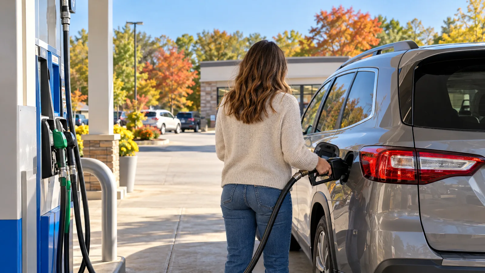 맑은 아침 미국 교외 주유소에서 차에 기름을 넣는 사람의 뒷모습