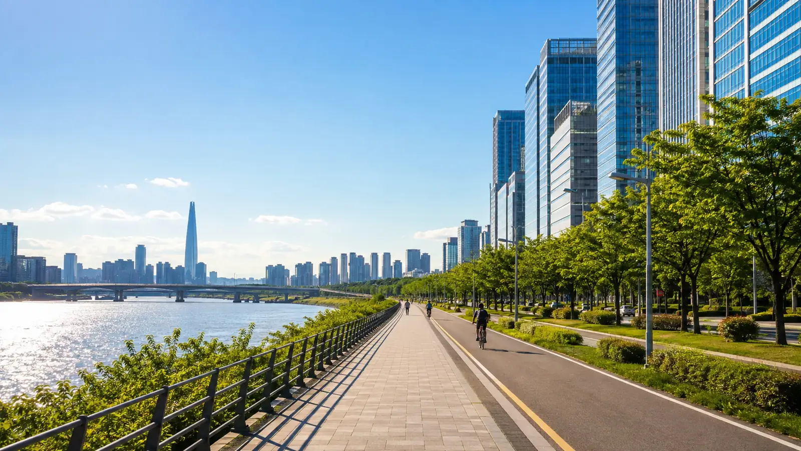 오전 햇빛이 든 서울 강변 도로와 유리 빌딩, 멀리 자전거를 타는 사람들